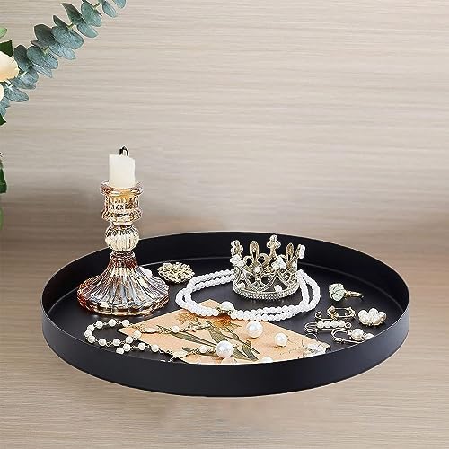 Black Round Metal Candle Holder Tray, Decorative Serving Tray for Modern Farmhouse Home Decorations (11.8")