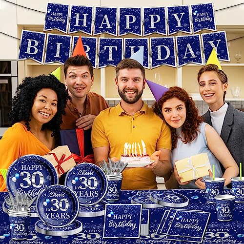 GREHUMOR 142 Pcs 30th Birthday Tableware Set Decorations Sliver and Blue 30th Happy Birthday Party Supplies for Men Women Birthday Tablecloth,Plates, Napkins, Cups,Forks and Knives