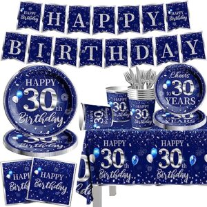 grehumor 142 pcs 30th birthday tableware set decorations sliver and blue 30th happy birthday party supplies for men women birthday tablecloth,plates, napkins, cups,forks and knives