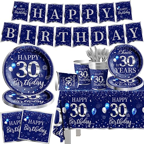 GREHUMOR 142 Pcs 30th Birthday Tableware Set Decorations Sliver and Blue 30th Happy Birthday Party Supplies for Men Women Birthday Tablecloth,Plates, Napkins, Cups,Forks and Knives