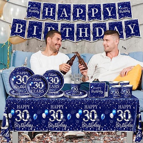 GREHUMOR 142 Pcs 30th Birthday Tableware Set Decorations Sliver and Blue 30th Happy Birthday Party Supplies for Men Women Birthday Tablecloth,Plates, Napkins, Cups,Forks and Knives