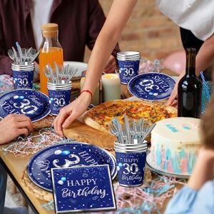 GREHUMOR 142 Pcs 30th Birthday Tableware Set Decorations Sliver and Blue 30th Happy Birthday Party Supplies for Men Women Birthday Tablecloth,Plates, Napkins, Cups,Forks and Knives