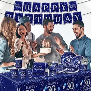 GREHUMOR 142 Pcs 30th Birthday Tableware Set Decorations Sliver and Blue 30th Happy Birthday Party Supplies for Men Women Birthday Tablecloth,Plates, Napkins, Cups,Forks and Knives