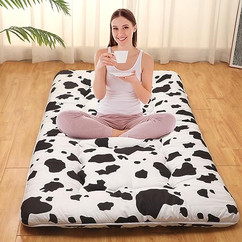 Leinuosen Japanese Floor Mattress Cow Print Futon Mattress Twin Thicken Tatami Mat Couch Sleeping Pad Foldable Roll up Bed Mattress with Portable Storage Bag for Camping Boys Girls Dormitory