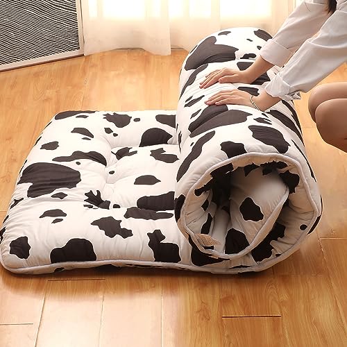 Leinuosen Japanese Floor Mattress Cow Print Futon Mattress Twin Thicken Tatami Mat Couch Sleeping Pad Foldable Roll up Bed Mattress with Portable Storage Bag for Camping Boys Girls Dormitory