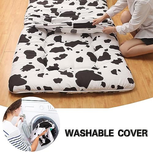 Leinuosen Japanese Floor Mattress Cow Print Futon Mattress Twin Thicken Tatami Mat Couch Sleeping Pad Foldable Roll up Bed Mattress with Portable Storage Bag for Camping Boys Girls Dormitory