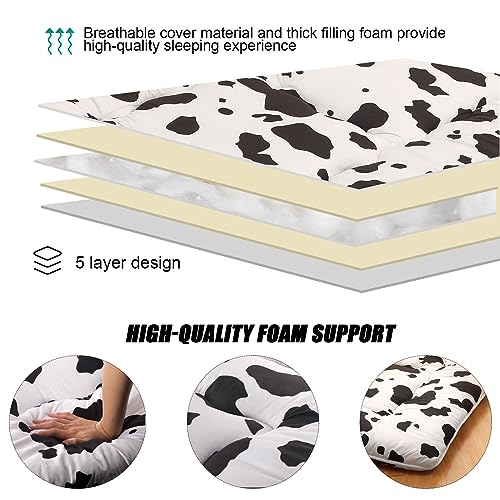 Leinuosen Japanese Floor Mattress Cow Print Futon Mattress Twin Thicken Tatami Mat Couch Sleeping Pad Foldable Roll up Bed Mattress with Portable Storage Bag for Camping Boys Girls Dormitory