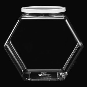 uiifan 1 piece hexagonal plastic candy jar with lid cookie jar clear hexagonal candy containers for snacks, cookies, dog food, craft and sewing supplies, coffee pod, laundry pod (70 oz)