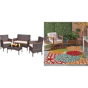 greesum patio furniture 4 pieces conversation sets, brown and beige & nourison aloha indoor/outdoor green 3'6" x 5'6" area-rug, (3x5)
