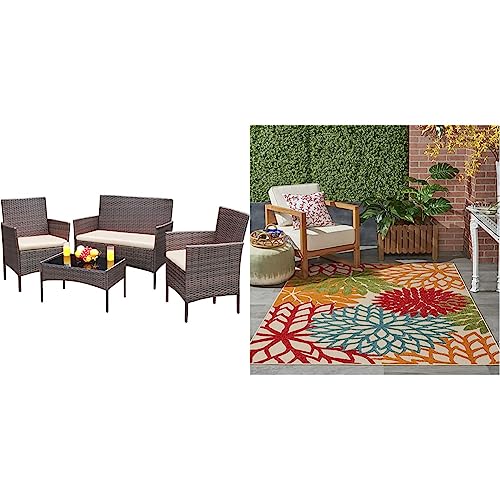 Greesum Patio Furniture 4 Pieces Conversation Sets, Brown and Beige & Nourison Aloha Indoor/Outdoor Green 3'6" x 5'6" Area-Rug, (3x5)