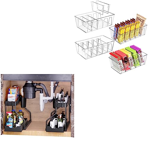 Puricon 4 Pack Pantry Organization and Storage Bins for Kitchen Fridge Countertop Cabinet Bundle with 2 Pack Under Sink Organizer, 2-Tier L-Shape Sliding Under Sink Organizers and Storage