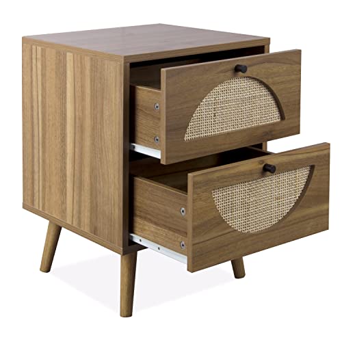 affeivul Rattan Nightstand Set of 2, End Side Table with 2 Rattan Drawers, Boho Accent Bedside Tables, Mid Century Nightstand with 2 Natural Rattan Drawers for Bedroom, Living Room,Sofa (Walnut)