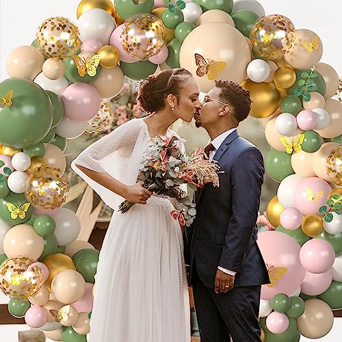 Sage Green Pink Balloon Arch Kit 153Pcs Light Pink Olive Green Blush White Gold Latex Confetti Balloons Garland Artificial Eucalyptus 3D Butterfly for Baby Shower Birthday Party Decorations