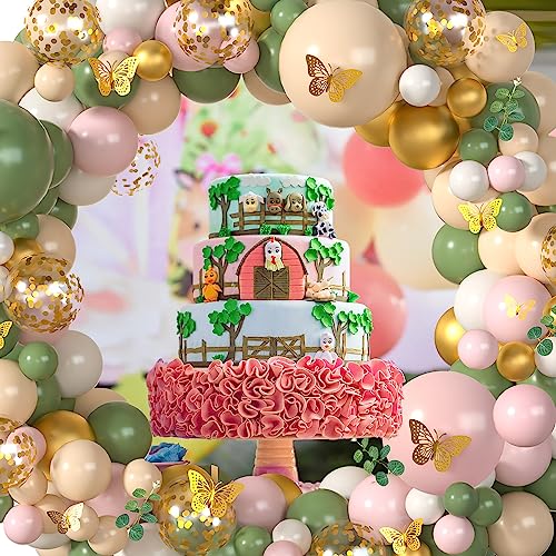 Sage Green Pink Balloon Arch Kit 153Pcs Light Pink Olive Green Blush White Gold Latex Confetti Balloons Garland Artificial Eucalyptus 3D Butterfly for Baby Shower Birthday Party Decorations