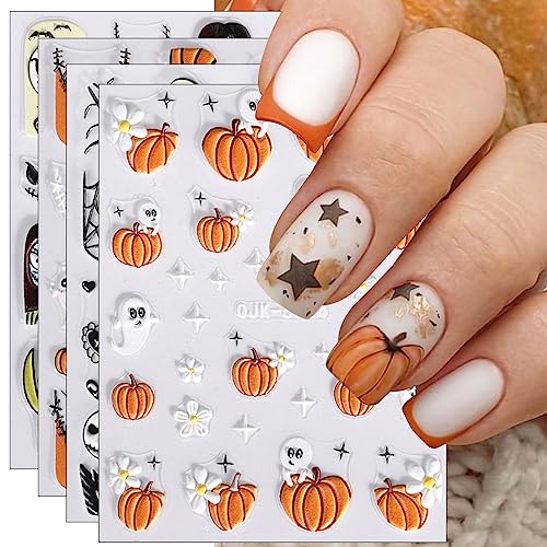 JMEOWIO 3D Embossed Halloween Nail Art Stickers Decals Self-Adhesive Pegatinas Uñas 5D Cute Pumpkin Ghost Flower Spook Nail Supplies Nail Art Design Decoration Accessories 4 Sheets