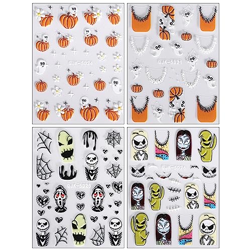 JMEOWIO 3D Embossed Halloween Nail Art Stickers Decals Self-Adhesive Pegatinas Uñas 5D Cute Pumpkin Ghost Flower Spook Nail Supplies Nail Art Design Decoration Accessories 4 Sheets