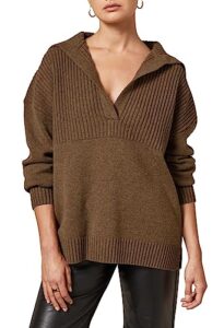 women's 2023 fall casual oversized pullover sweaters lapel collar v neck long sleeve ribbed knit jumper tops brown m