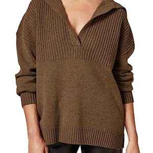 Women's 2023 Fall Casual Oversized Pullover Sweaters Lapel Collar V Neck Long Sleeve Ribbed Knit Jumper Tops Brown M