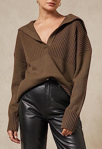 Women's 2023 Fall Casual Oversized Pullover Sweaters Lapel Collar V Neck Long Sleeve Ribbed Knit Jumper Tops Brown M