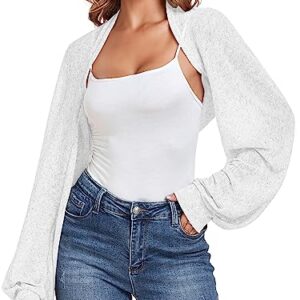 ZAFUL Women's Long Sleeve Open Front Bolero Shrug Crop Top Cardigan Elegant White L