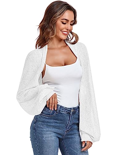 ZAFUL Women's Long Sleeve Open Front Bolero Shrug Crop Top Cardigan Elegant White L