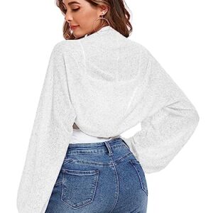 ZAFUL Women's Long Sleeve Open Front Bolero Shrug Crop Top Cardigan Elegant White L