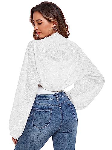 ZAFUL Women's Long Sleeve Open Front Bolero Shrug Crop Top Cardigan Elegant White L