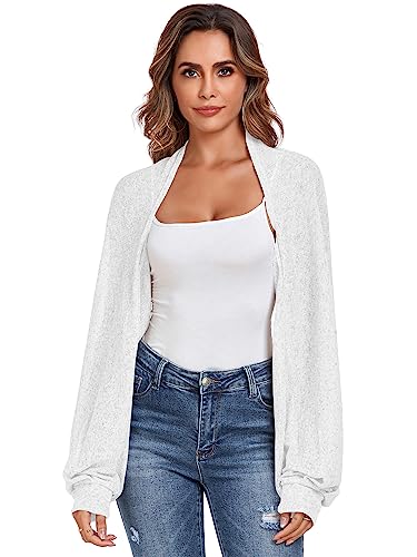 ZAFUL Women's Long Sleeve Open Front Bolero Shrug Crop Top Cardigan Elegant White L