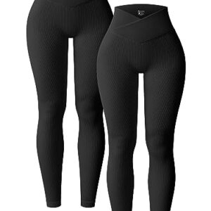 OQQ Women's 2 Piece Yoga Legging Ribbed Seamless Workout High Waist Cross Over Athletic Exercise, Black,black, Medium