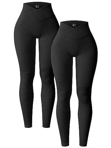 OQQ Women's 2 Piece Yoga Legging Ribbed Seamless Workout High Waist Cross Over Athletic Exercise, Black,black, Medium