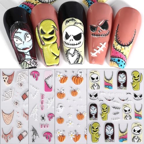 JMEOWIO 3D Embossed Halloween Nail Art Stickers Decals Self-Adhesive Pegatinas Uñas 5D Skull Horror Ghost Nail Supplies Nail Art Design Decoration Accessories 4 Sheets