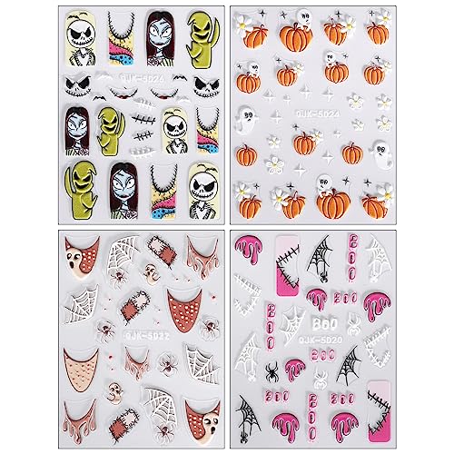 JMEOWIO 3D Embossed Halloween Nail Art Stickers Decals Self-Adhesive Pegatinas Uñas 5D Skull Horror Ghost Nail Supplies Nail Art Design Decoration Accessories 4 Sheets