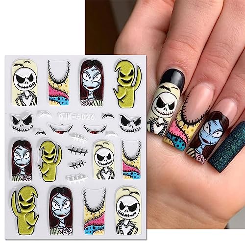 JMEOWIO 3D Embossed Halloween Nail Art Stickers Decals Self-Adhesive Pegatinas Uñas 5D Skull Horror Ghost Nail Supplies Nail Art Design Decoration Accessories 4 Sheets