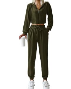 kirundo two piece outfits for women tracksuit long sleeve slim cropped hooded jacket jogger sweatpants y2k sweatsuit set (army green, medium)