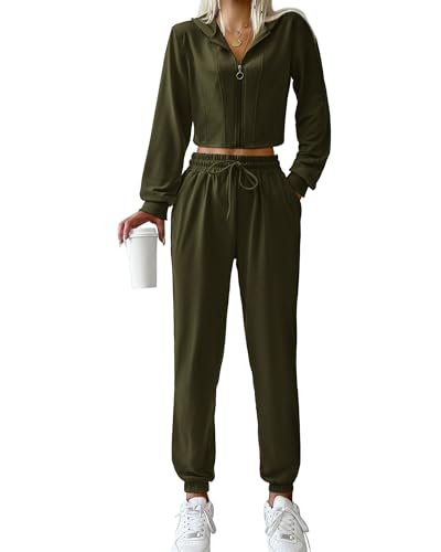 KIRUNDO Two Piece Outfits For Women Tracksuit Long Sleeve Slim Cropped Hooded Jacket Jogger Sweatpants Y2K Sweatsuit Set (Army Green, Medium)