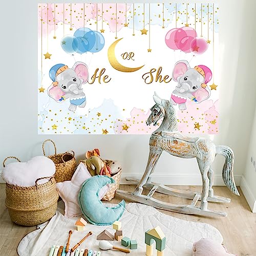 Yongfoto 6x4ft Elephant Gender Reveal Baby Shower Party Backdrop He or She What Will Baby Be Blue and Pink Balloons Gold Confetti Photography Backdrop Newborn Party Decorations Banner Studio Props