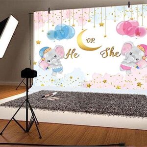 Yongfoto 6x4ft Elephant Gender Reveal Baby Shower Party Backdrop He or She What Will Baby Be Blue and Pink Balloons Gold Confetti Photography Backdrop Newborn Party Decorations Banner Studio Props