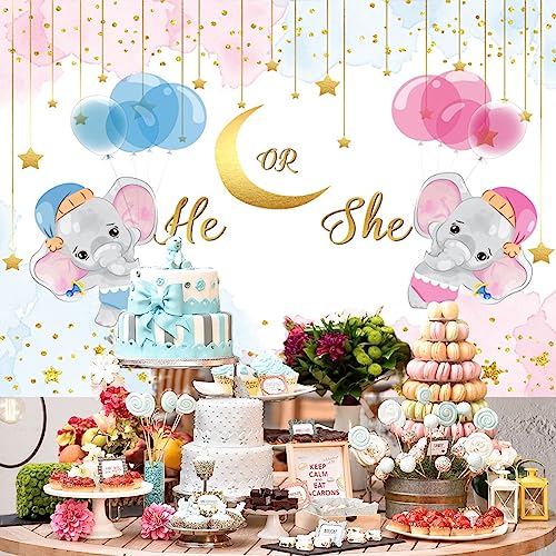 Yongfoto 6x4ft Elephant Gender Reveal Baby Shower Party Backdrop He or She What Will Baby Be Blue and Pink Balloons Gold Confetti Photography Backdrop Newborn Party Decorations Banner Studio Props