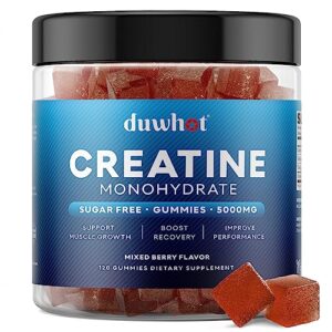 duwhot sugar free creatine monohydrate gummies 5g for men & women, chewables creatine monohydrate for muscle growth & recovery, vegan, mixberry flavor, 120 count