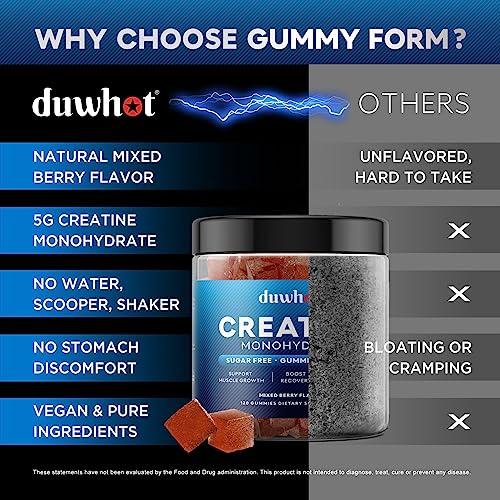 duwhot Sugar Free Creatine Monohydrate Gummies 5g for Men & Women, Chewables Creatine Monohydrate for Muscle Growth & Recovery, Vegan, Mixberry Flavor, 120 Count