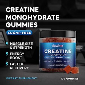 duwhot Sugar Free Creatine Monohydrate Gummies 5g for Men & Women, Chewables Creatine Monohydrate for Muscle Growth & Recovery, Vegan, Mixberry Flavor, 120 Count