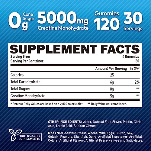 duwhot Sugar Free Creatine Monohydrate Gummies 5g for Men & Women, Chewables Creatine Monohydrate for Muscle Growth & Recovery, Vegan, Mixberry Flavor, 120 Count