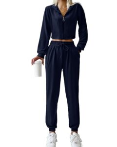 kirundo women 2 piece outfits y2k fashion sweat sets casual zip up long sleeve hoodie jacket and sweatpants work out sets (navy, x-large)