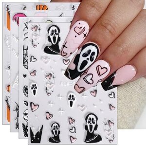 jmeowio 3d embossed halloween nail art stickers decals self-adhesive pegatinas uñas pink 5d skull cute ghost spider web spook nail supplies nail art design decoration accessories 4 sheets