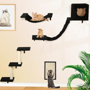 loninak cat wall furniture set-cat shelves include hammock, condo with bridge, step scratching post house for indoor mounted tree black