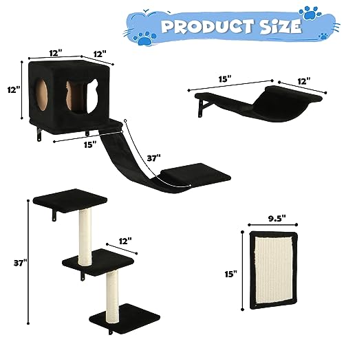 Loninak Cat Wall Furniture Set-Cat Shelves Include Hammock, Condo with Bridge, Step Scratching Post House for Indoor Mounted Tree Black