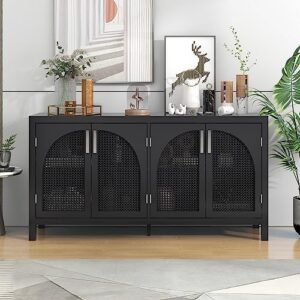 accent storage cabinet buffet cabinet freestanding storage sideboard with artificial rattan doors & metal handles, entryway cabinet for living room office bedroom, kitchen (black)