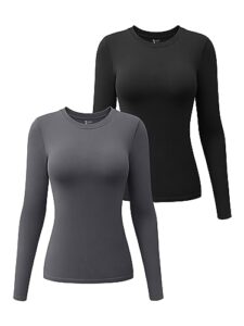 oqq women's 2 piece long sleeve shirt crew neck stretch fitted underscrubs layer, black,darkgrey, medium
