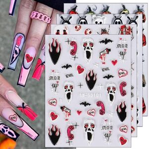 jmeowio 3d embossed halloween nail art stickers decals self-adhesive pegatinas uñas pink 5d skull flame bat nail supplies nail art design decoration accessories 4 sheets