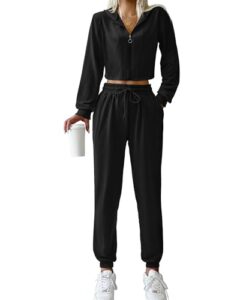 kirundo women's sweatsuits tracksuit fall zip hoodie jogger sweatpants 2 piece plain athletic sports casual sweat suits (black, small)